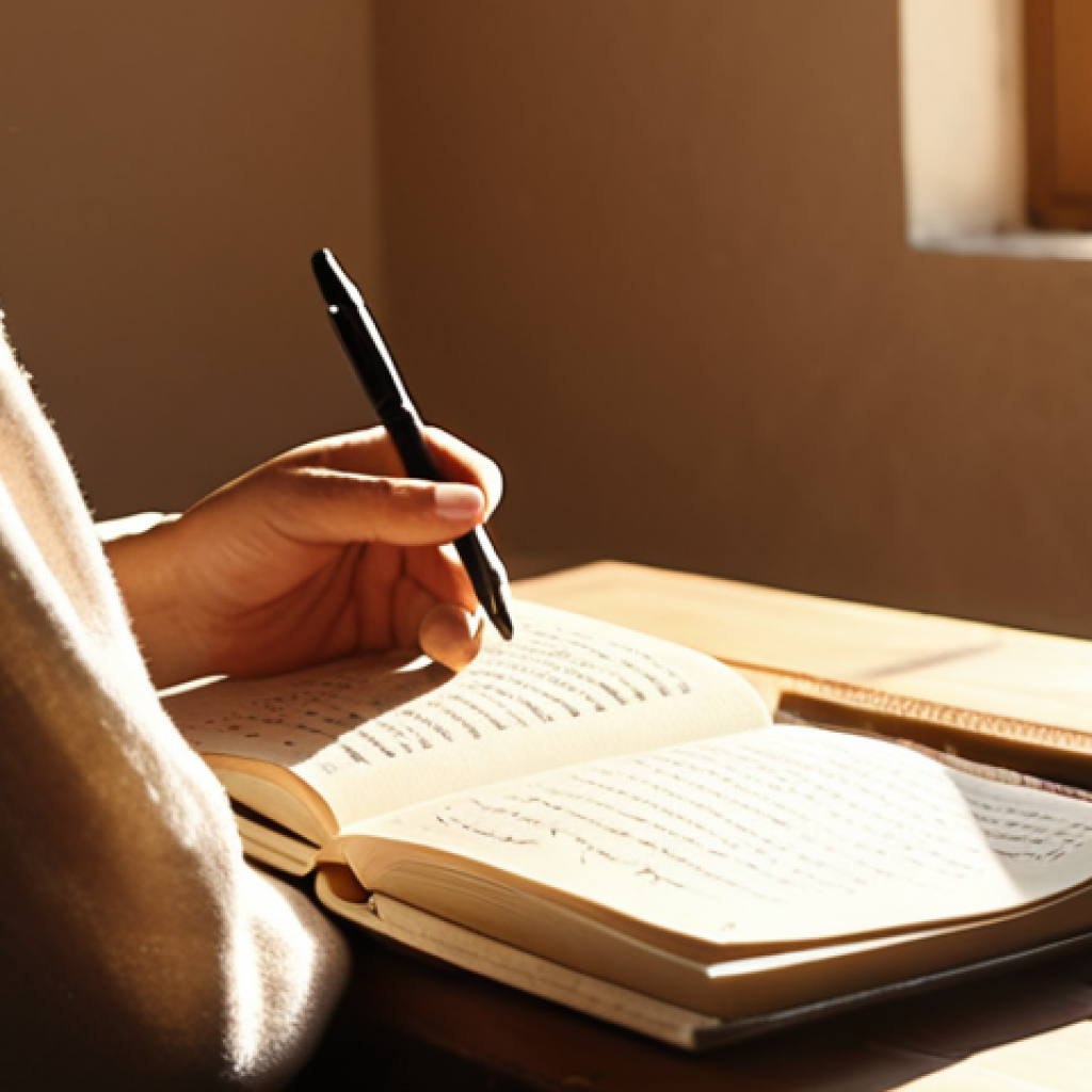 **

A person sitting peacefully in a quiet, sunlit room, holding a journal and pen. Soft, warm lighting emphasizes a sense of calm and introspection. The journal is open, with handwritten text visible (ideally in Arabic script). The background is slightly blurred to focus attention on the person and journal. Include elements suggestive of relaxation and self-reflection, such as a cup of tea or a plant.

**