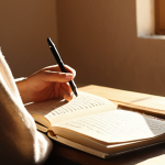 **

A person sitting peacefully in a quiet, sunlit room, holding a journal and pen. Soft, warm lighting emphasizes a sense of calm and introspection. The journal is open, with handwritten text visible (ideally in Arabic script). The background is slightly blurred to focus attention on the person and journal. Include elements suggestive of relaxation and self-reflection, such as a cup of tea or a plant.

**