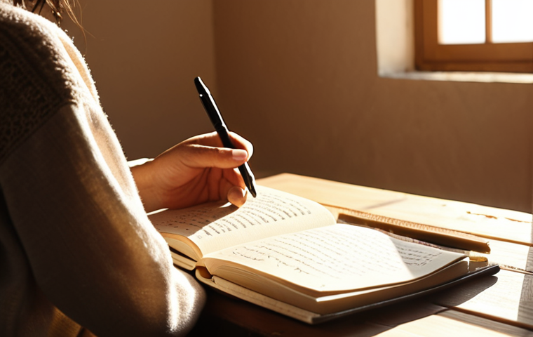 **
A person sitting peacefully in a quiet, sunlit room, holding a journal and pen. Soft, warm lighting emphasizes a sense of calm and introspection. The journal is open, with handwritten text visible (ideally in Arabic script). The background is slightly blurred to focus attention on the person and journal. Include elements suggestive of relaxation and self-reflection, such as a cup of tea or a plant.
**