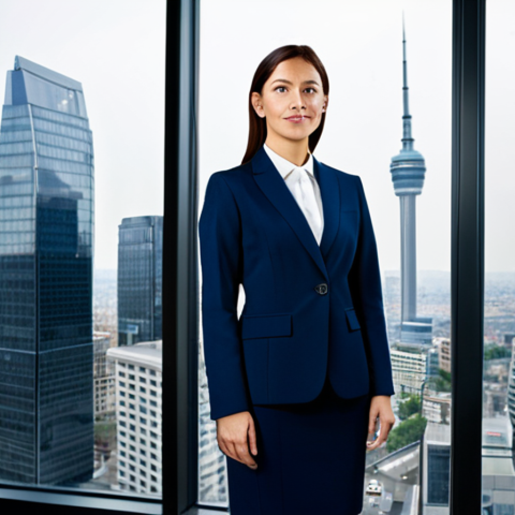**
A professional businesswoman in a modest, dark blue business suit, standing confidently in a modern office with large windows overlooking a cityscape, fully clothed, appropriate attire, safe for work, perfect anatomy, correct proportions, professional photography, high quality.
**