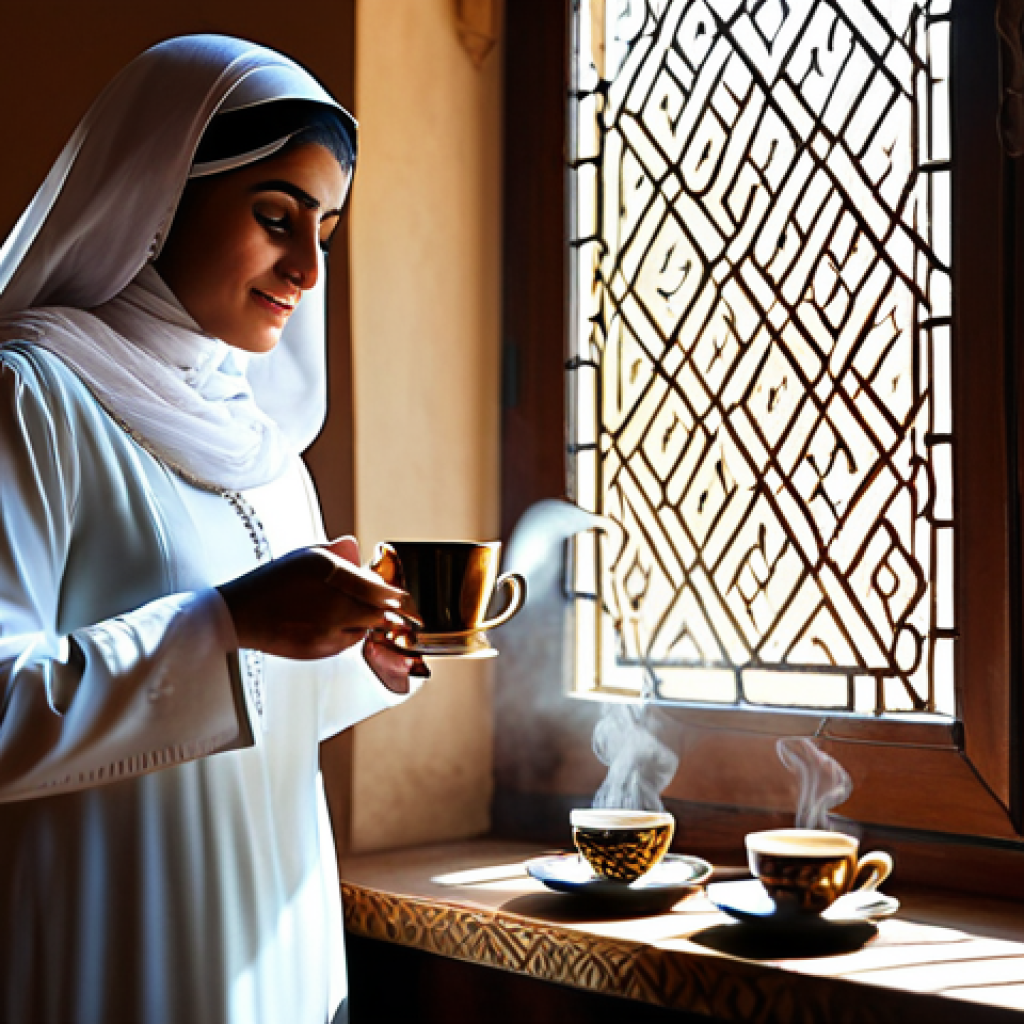 **Prompt:** A serene morning scene. A fully clothed Arab woman in modest traditional attire gently pours Arabic coffee from a dallah into a small, ornate cup. Soft, diffused sunlight streams through a window, illuminating the steam rising from the coffee. In the background, traditional Arabic patterns adorn the walls. Perfect anatomy, natural proportions, safe for work, appropriate content, fully clothed, professional, family-friendly.
