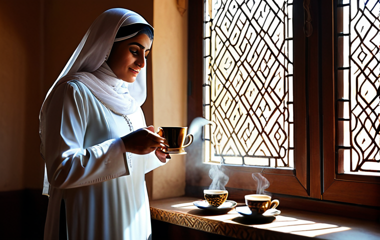 **Prompt:** A serene morning scene. A fully clothed Arab woman in modest traditional attire gently pours Arabic coffee from a dallah into a small, ornate cup. Soft, diffused sunlight streams through a window, illuminating the steam rising from the coffee. In the background, traditional Arabic patterns adorn the walls. Perfect anatomy, natural proportions, safe for work, appropriate content, fully clothed, professional, family-friendly.