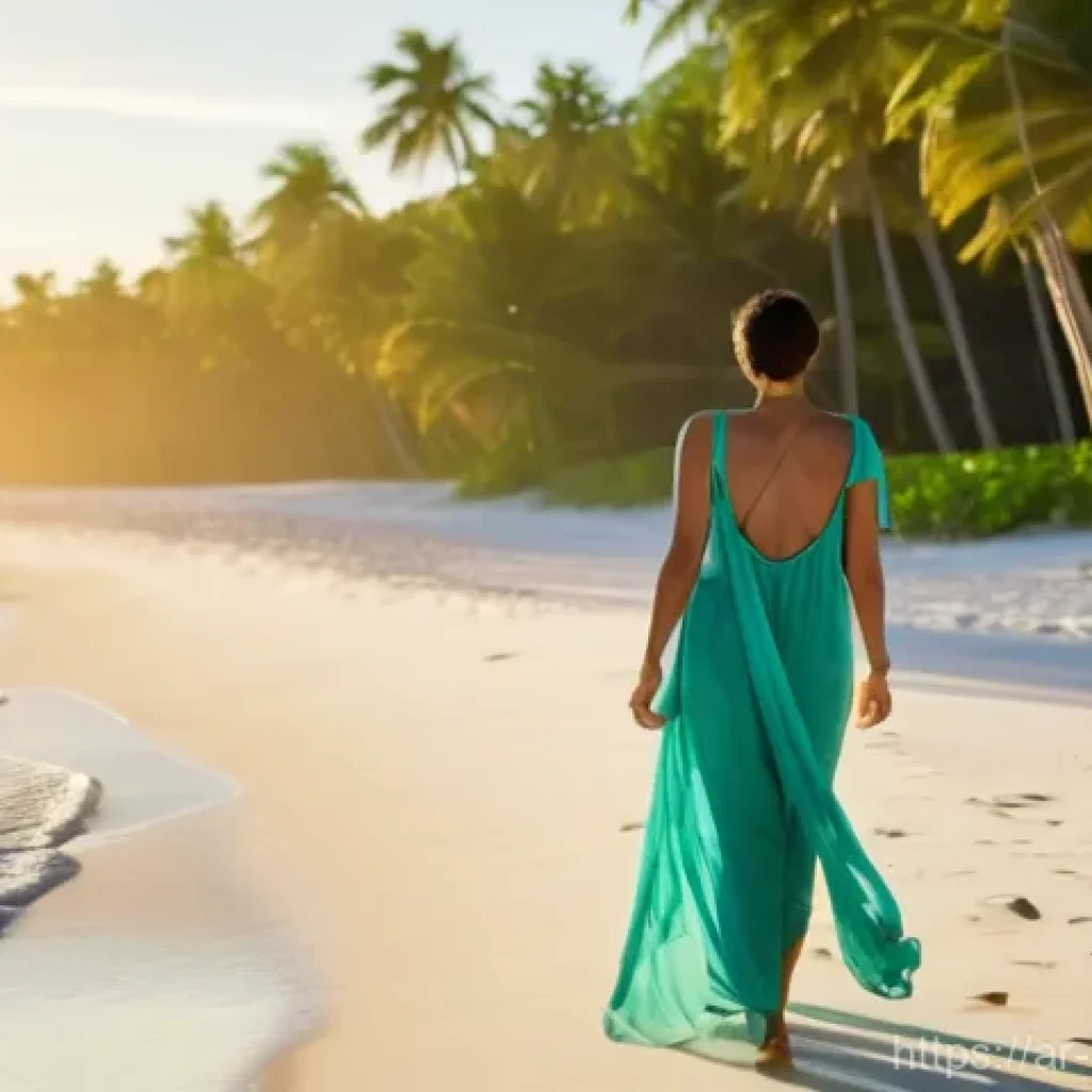 스트레스 해소를 위한 여행지   휴양지 추천 - **Prompt:** A serene tropical beach resort at sunrise. The soft, golden light illuminates pristine w...