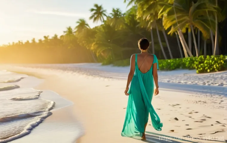 스트레스 해소를 위한 여행지   휴양지 추천 - **Prompt:** A serene tropical beach resort at sunrise. The soft, golden light illuminates pristine w...