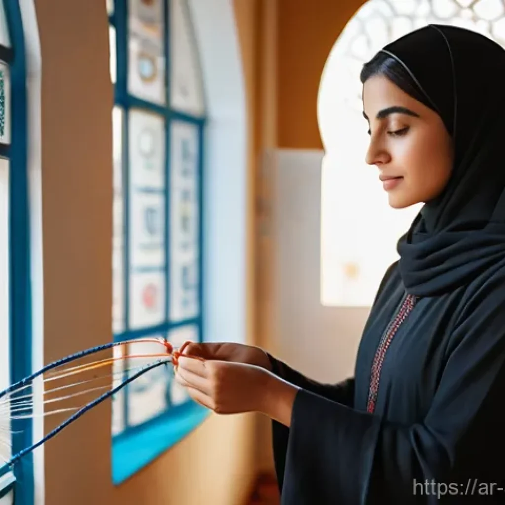 스트레스 해소를 위한 취미 생활 공예 - "A serene portrait of an Arab woman in her late 20s, wearing a modest, comfortable abaya, deeply foc...
