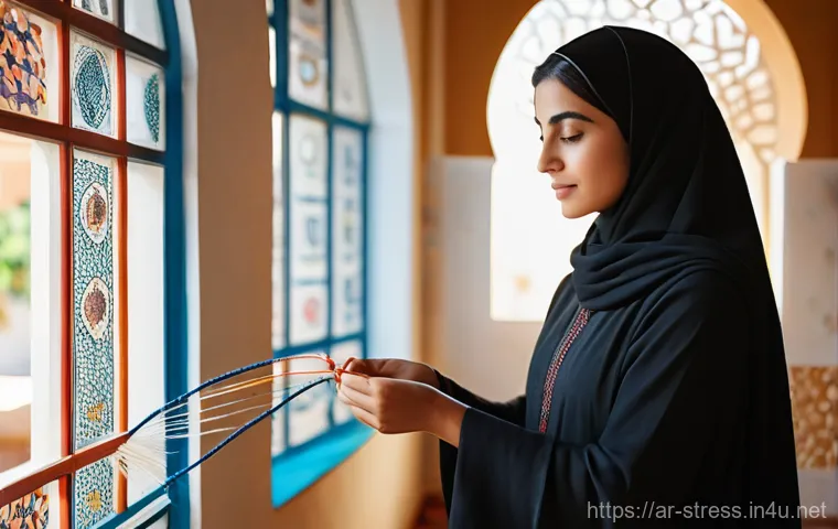 스트레스 해소를 위한 취미 생활   공예 - "A serene portrait of an Arab woman in her late 20s, wearing a modest, comfortable abaya, deeply foc...
