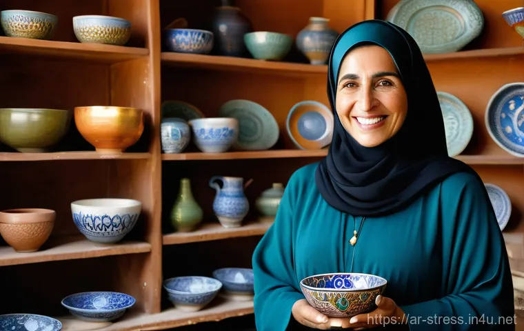 스트레스 해소를 위한 취미 생활   공예 - "A serene portrait of an Arab woman in her late 20s, wearing a modest, comfortable abaya, deeply foc...