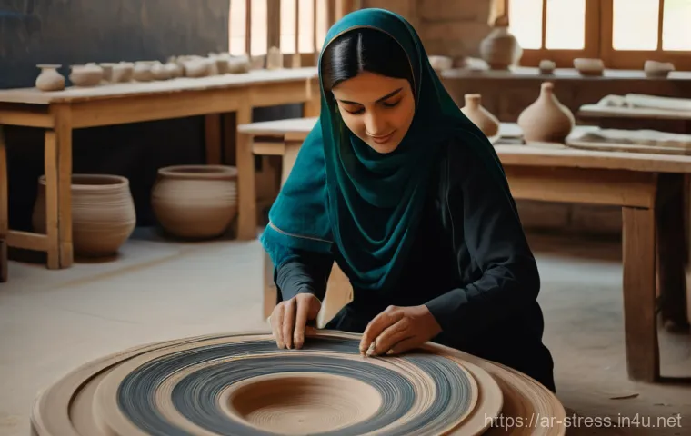 스트레스 해소를 위한 취미 생활   공예 - "A warm and joyful portrait of an Arab woman in her 40s, dressed in a simple, elegant abaya, holding...