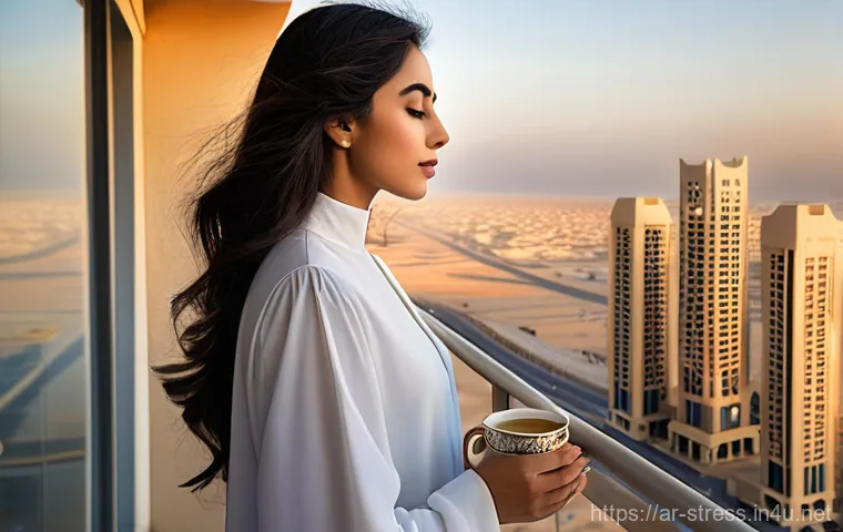 스트레스 해소법  스트레스 해소를 위한 동기 부여 - **Prompt 1: Urban Tranquility Amidst Bustle**
    An artistic, high-angle shot of a young Arab woman...