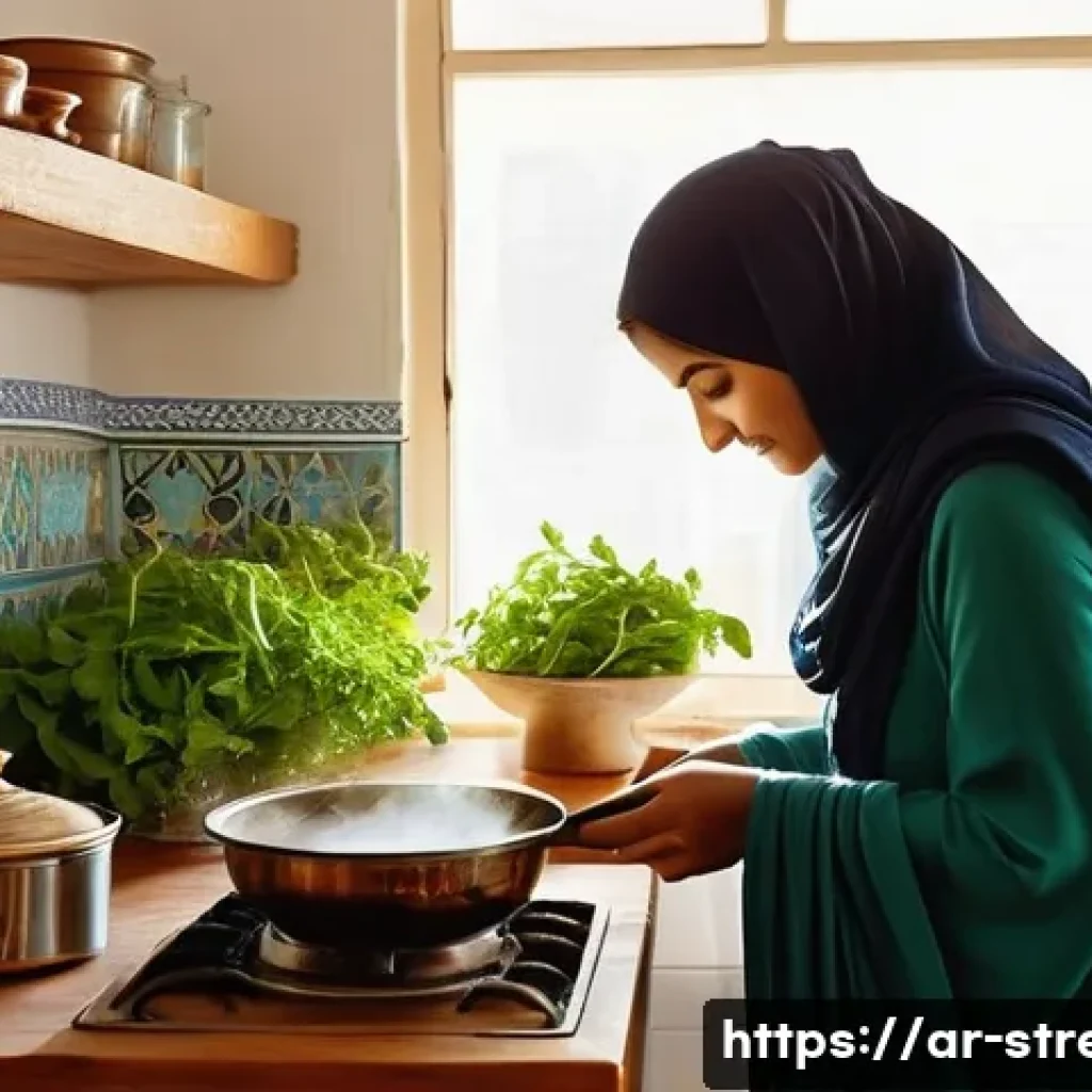 스트레스 해소를 위한 건강한 식습관 - **Prompt:** A serene and inviting Arabic kitchen, bathed in warm, soft morning light. A woman in mod...
