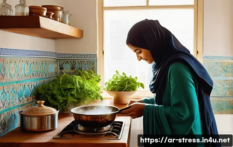 스트레스 해소를 위한 건강한 식습관 - **Prompt:** A serene and inviting Arabic kitchen, bathed in warm, soft morning light. A woman in mod...