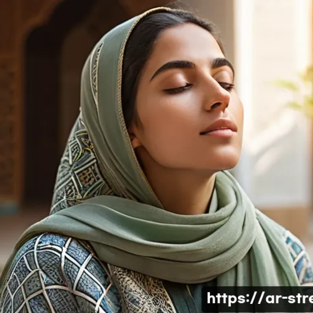 스트레스 해소법 일상에서 긍정적인 사고 하기 - A serene Middle Eastern woman practicing deep breathing exercises outdoors during early morning in a...