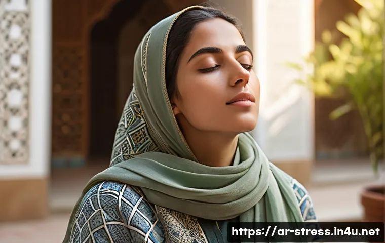 스트레스 해소법  일상에서 긍정적인 사고 하기 - A serene Middle Eastern woman practicing deep breathing exercises outdoors during early morning in a...