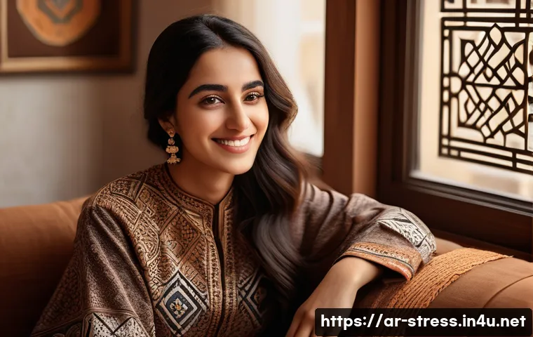 스트레스 해소에 좋은 음식 다크 초콜릿 - A serene Middle Eastern woman enjoying a small piece of dark chocolate in a cozy living room decorat...