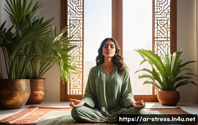 스트레스 해소법 신체와 정신 모두 해소 - A serene Middle Eastern woman practicing deep, slow breathing meditation in a tranquil, sunlit room ...