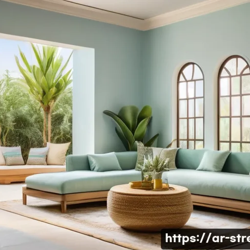 스트레스 해소를 위한 나만의 힐링 공간 만들기 - A serene and cozy Arabic-style living room designed for relaxation, featuring pastel blue and soft g...