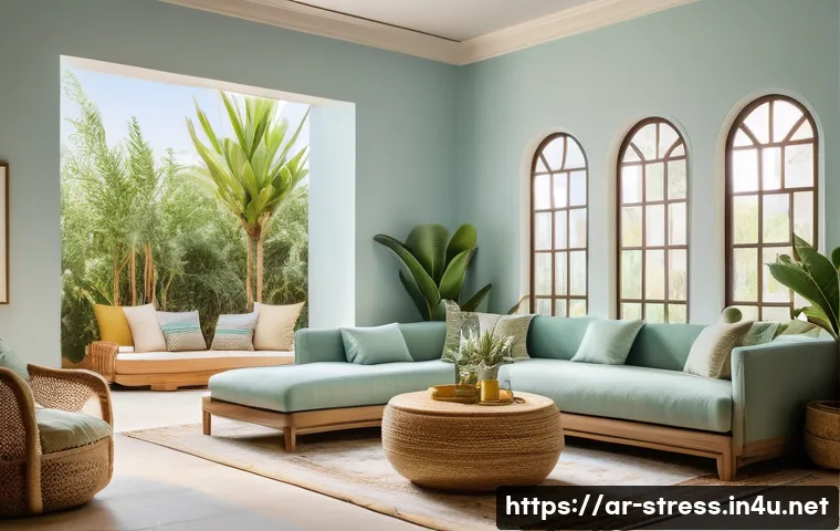 스트레스 해소를 위한 나만의 힐링 공간 만들기 - A serene and cozy Arabic-style living room designed for relaxation, featuring pastel blue and soft g...