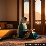 스트레스 해소 음악 - A serene Middle Eastern living room at sunset, softly illuminated by warm amber light filtering thro...
