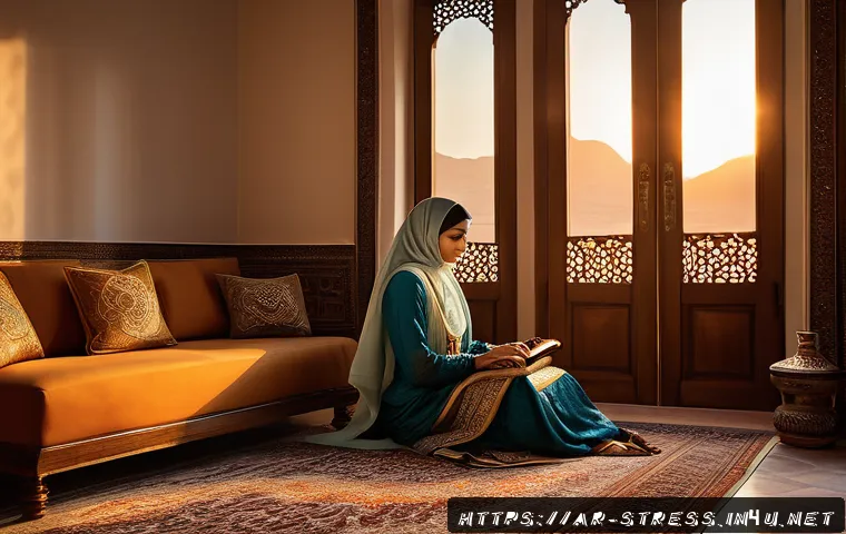 스트레스 해소 음악 - A serene Middle Eastern living room at sunset, softly illuminated by warm amber light filtering thro...