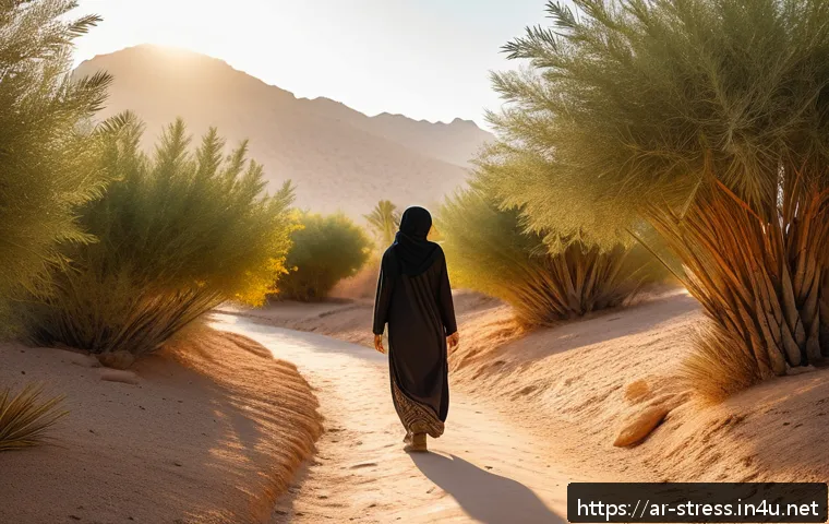 스트레스 해소하기 위한 자연 속 휴식법 - A serene Middle Eastern forest scene during golden hour, sunlight gently filtering through tall oliv...