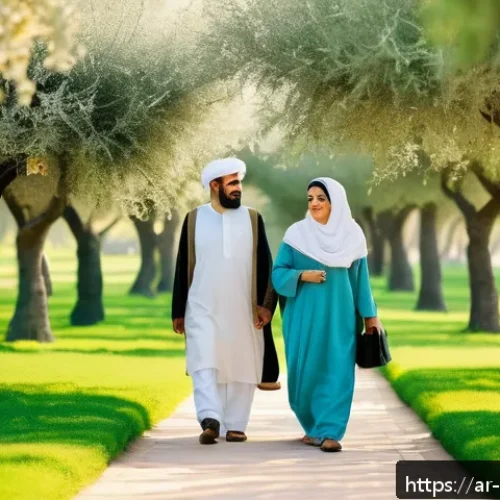 스트레스 해소를 위한 가벼운 산책 - A serene outdoor scene in a lush green park in a Middle Eastern city during early morning, featuring...