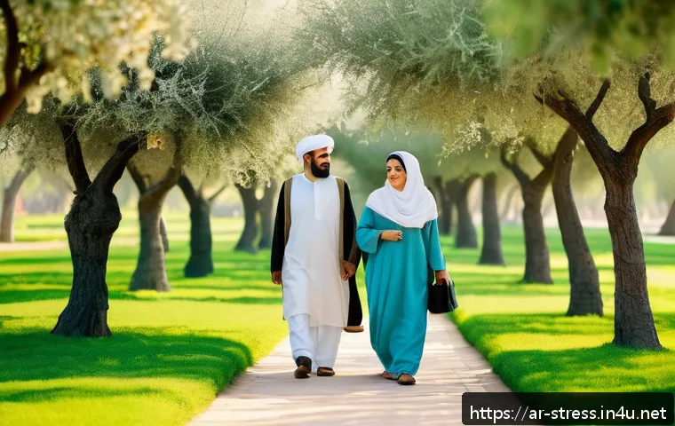 스트레스 해소를 위한 가벼운 산책 - A serene outdoor scene in a lush green park in a Middle Eastern city during early morning, featuring...