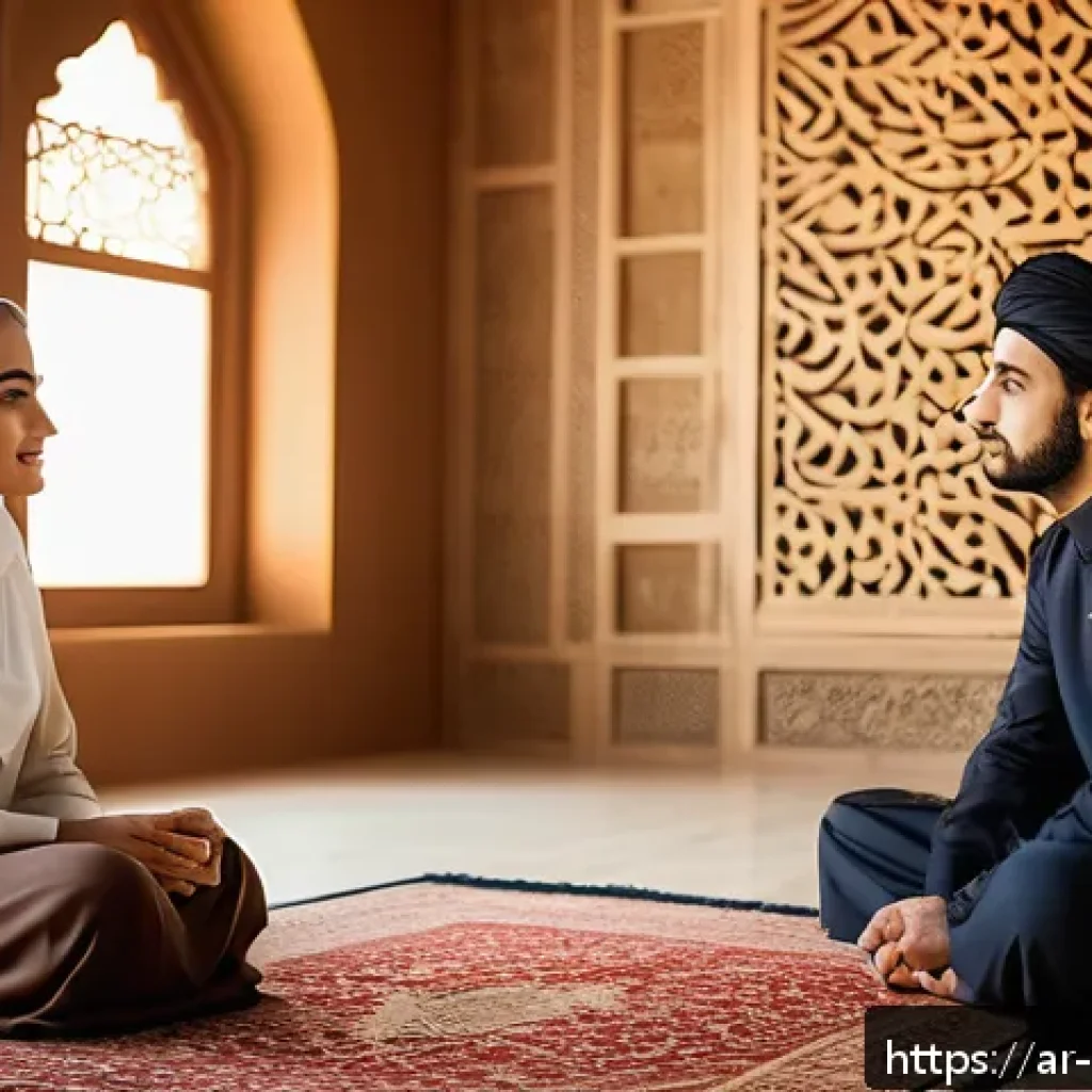 스트레스 해소를 위한 치유적 대화법 - A serene indoor setting featuring two Middle Eastern adults engaged in deep listening during a heart...