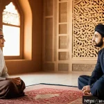 스트레스 해소를 위한 치유적 대화법 - A serene indoor setting featuring two Middle Eastern adults engaged in deep listening during a heart...