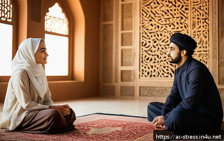 스트레스 해소를 위한 치유적 대화법 - A serene indoor setting featuring two Middle Eastern adults engaged in deep listening during a heart...