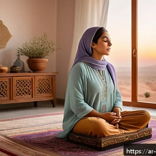 스트레스 해소를 위한 자원 활용 - A serene Middle Eastern woman practicing deep diaphragmatic breathing in a peaceful, softly lit trad...