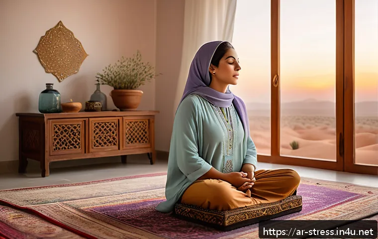 스트레스 해소를 위한 자원 활용 - A serene Middle Eastern woman practicing deep diaphragmatic breathing in a peaceful, softly lit trad...