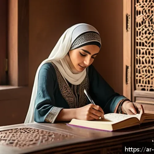 스트레스 해소를 위한 글쓰기 - A serene Middle Eastern woman in modest attire sitting at a traditional wooden desk by a window with...