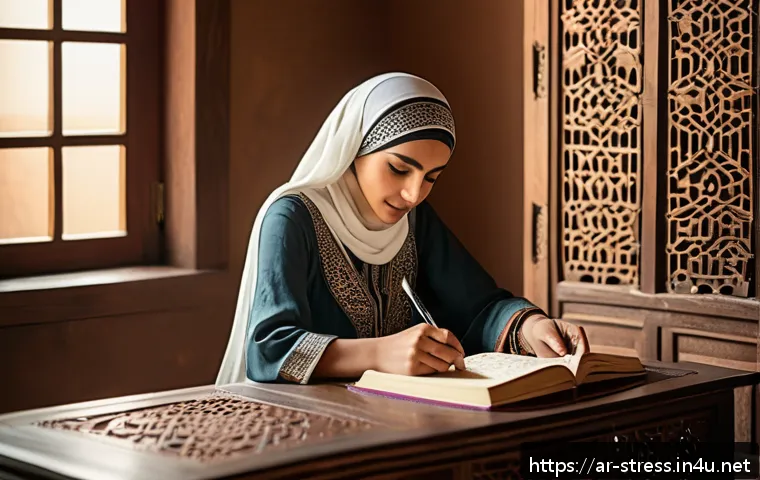 스트레스 해소를 위한 글쓰기 - A serene Middle Eastern woman in modest attire sitting at a traditional wooden desk by a window with...