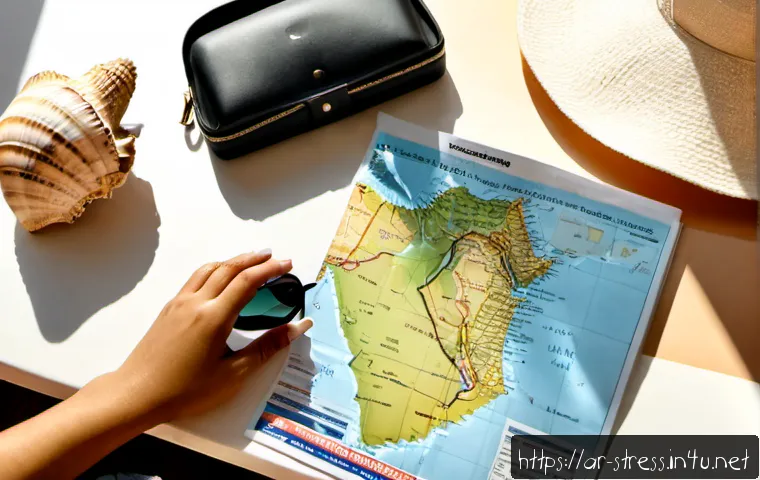 스트레스 해소를 위한 휴가 계획 - Photorealistic overhead view of a relaxed Arab woman in modest casual clothing planning a stress-rel...