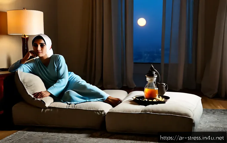 자기 전 스트레스 해소법 - Photorealistic evening scene of an Arab woman in modest comfortable loungewear and a light headscarf...